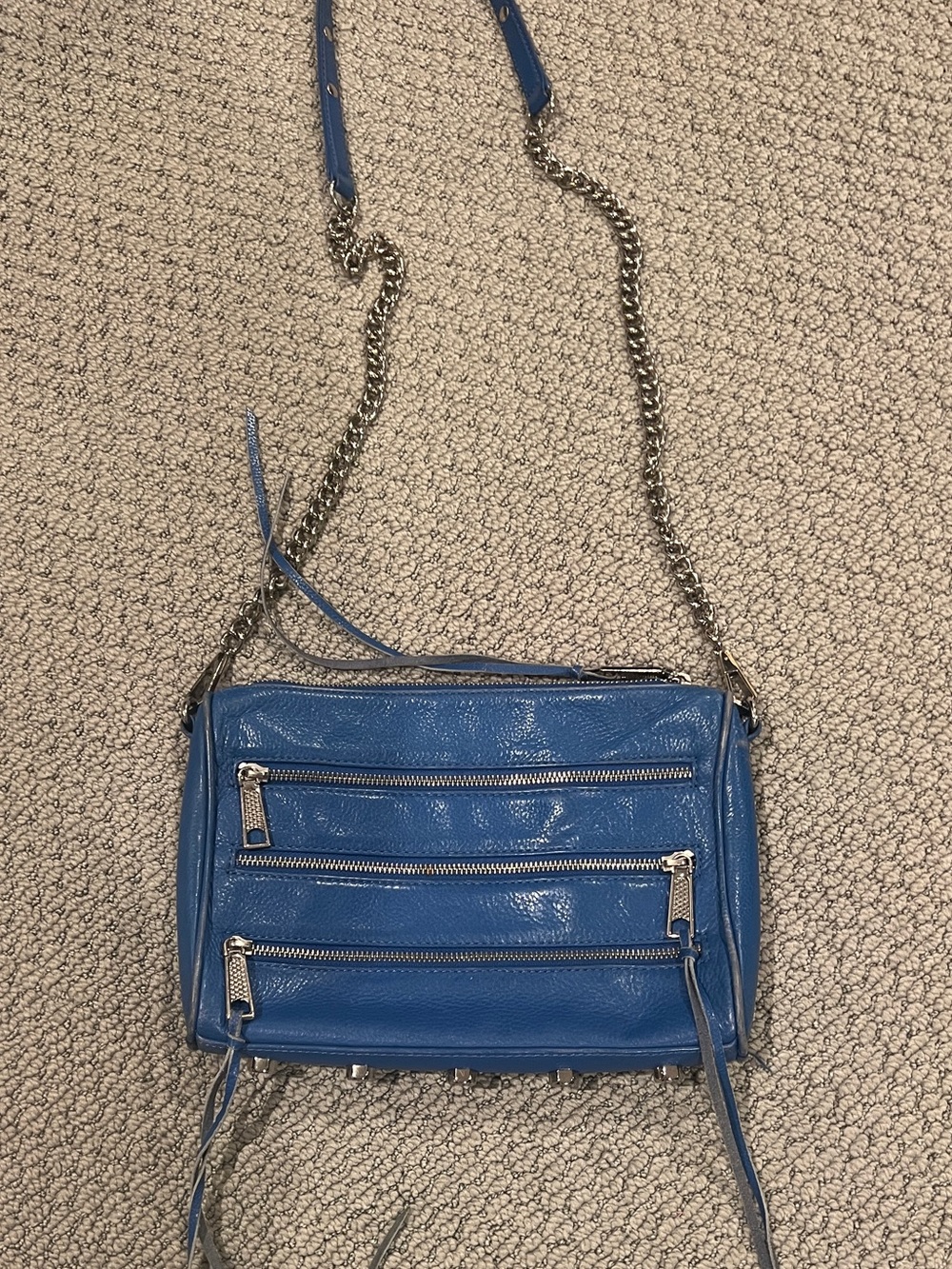 Rebecca Minkoff Blue 3 Zip Leather Crossbody with Chain Strap Bag